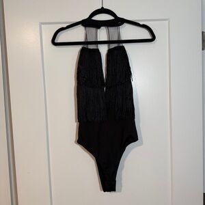 Chic Black Halter Fringe Women's Bodysuit